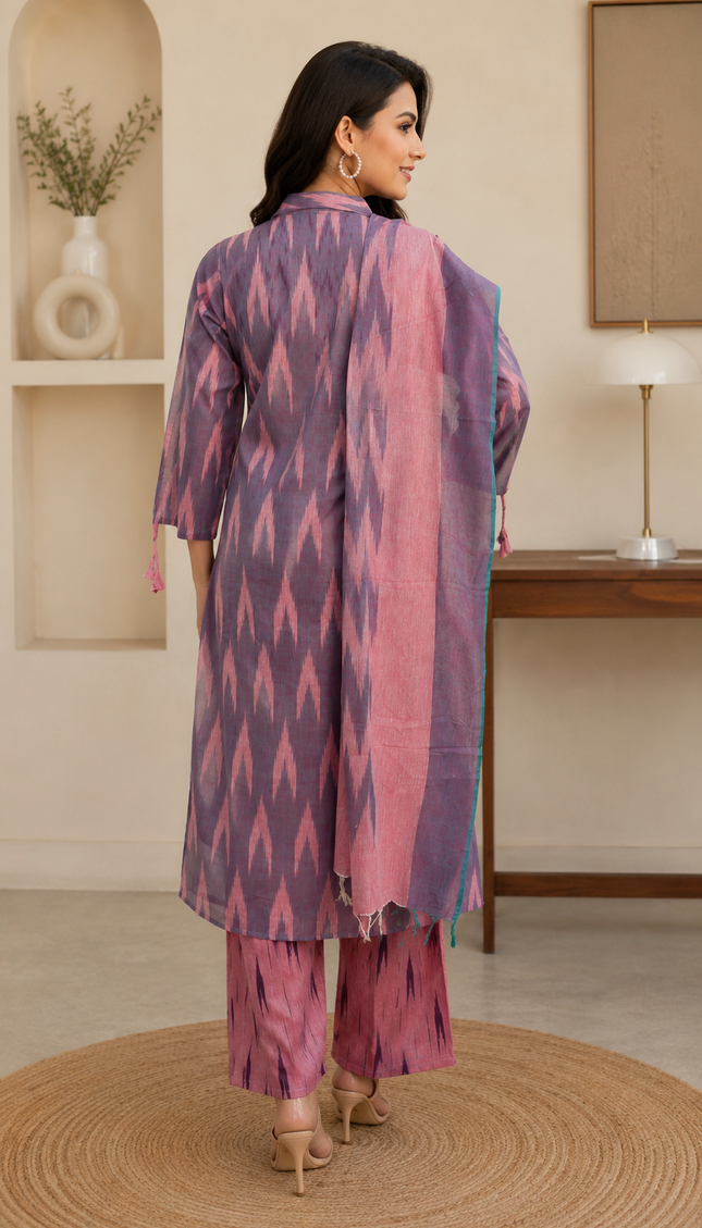 Ikkat Print purple & Pink 3 Piece Cotton Suit For Women