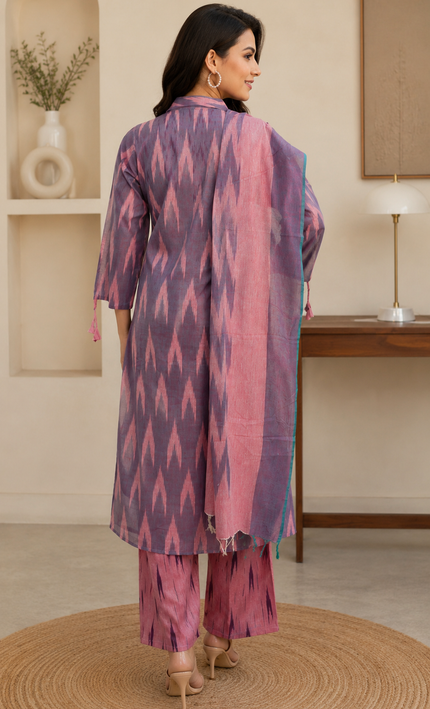 Ikkat Print purple & Pink 3 Piece Cotton Suit For Women