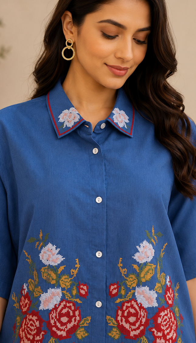 Denim look Blue Collared Coord Set With Floral Embroidery For Women