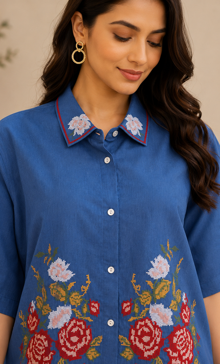 Denim look Blue Collared Coord Set With Floral Embroidery For Women