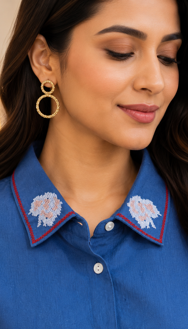 Denim look Blue Collared Coord Set With Floral Embroidery For Women