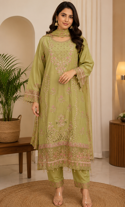 Heavy 3 Piece Suit With Sequence and Thread Embroidery For Women
