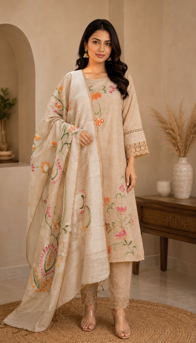 Beige Khaki Embroidery wiith Lace Work 3 Piece Suit For Women
