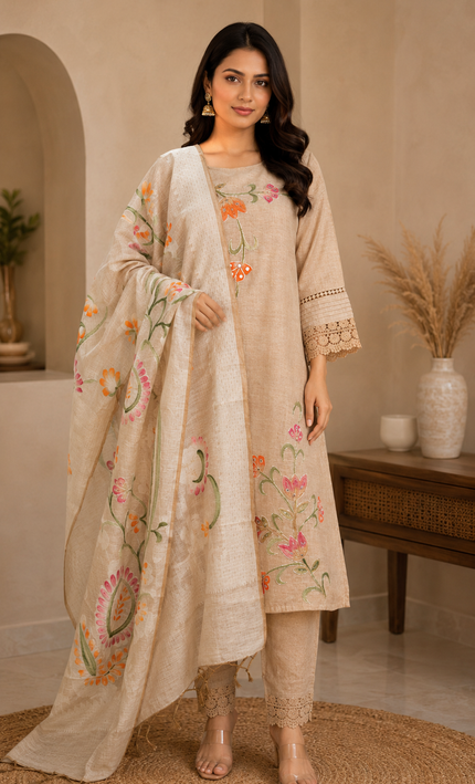 Beige Khaki Embroidery wiith Lace Work 3 Piece Suit For Women