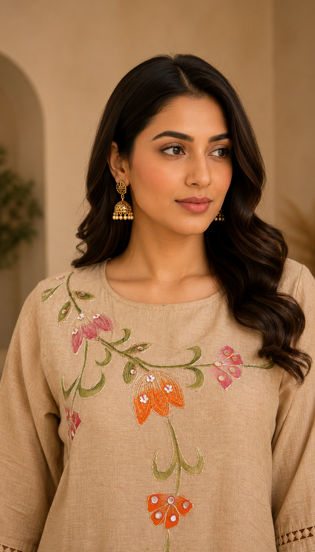 Beige Khaki Embroidery wiith Lace Work 3 Piece Suit For Women