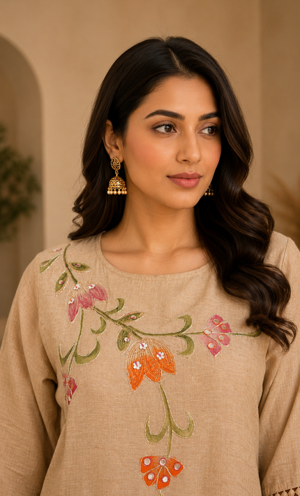 Beige Khaki Embroidery wiith Lace Work 3 Piece Suit For Women