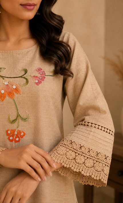 Beige Khaki Embroidery wiith Lace Work 3 Piece Suit For Women