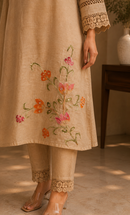 Beige Khaki Embroidery wiith Lace Work 3 Piece Suit For Women