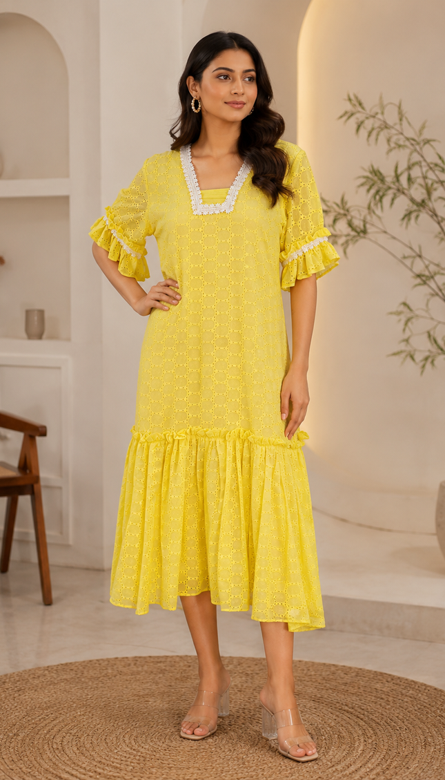 Bright Yellow Hakkoba 1 Piece Dress with Lace Work For Women