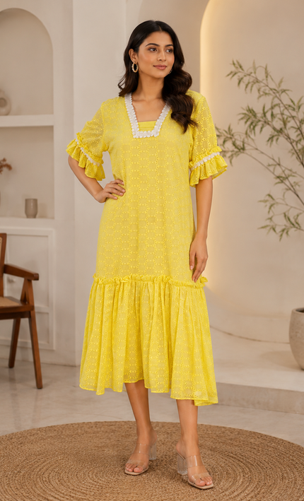 Bright Yellow Hakkoba 1 Piece Dress with Lace Work For Women