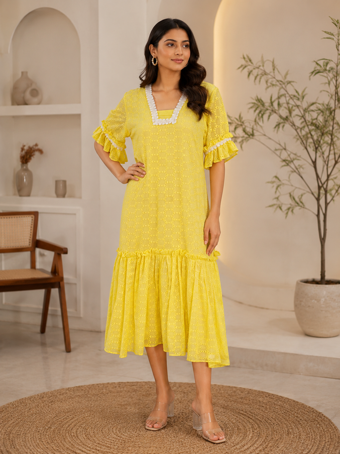 Bright Yellow Hakkoba 1 Piece Dress with Lace Work For Women