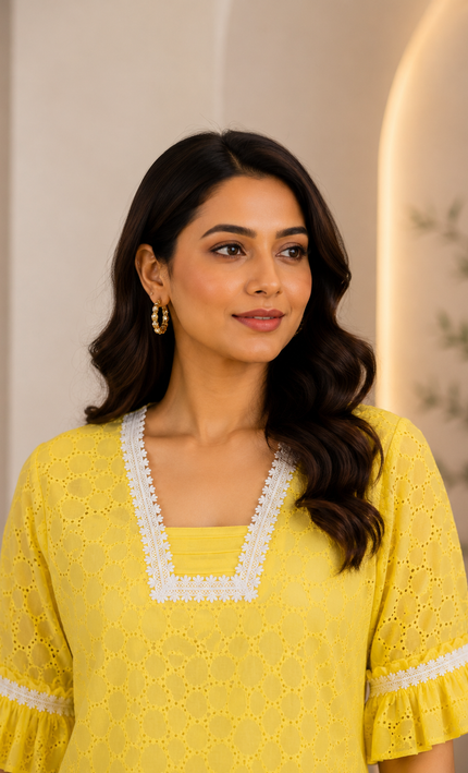 Bright Yellow Hakkoba 1 Piece Dress with Lace Work For Women