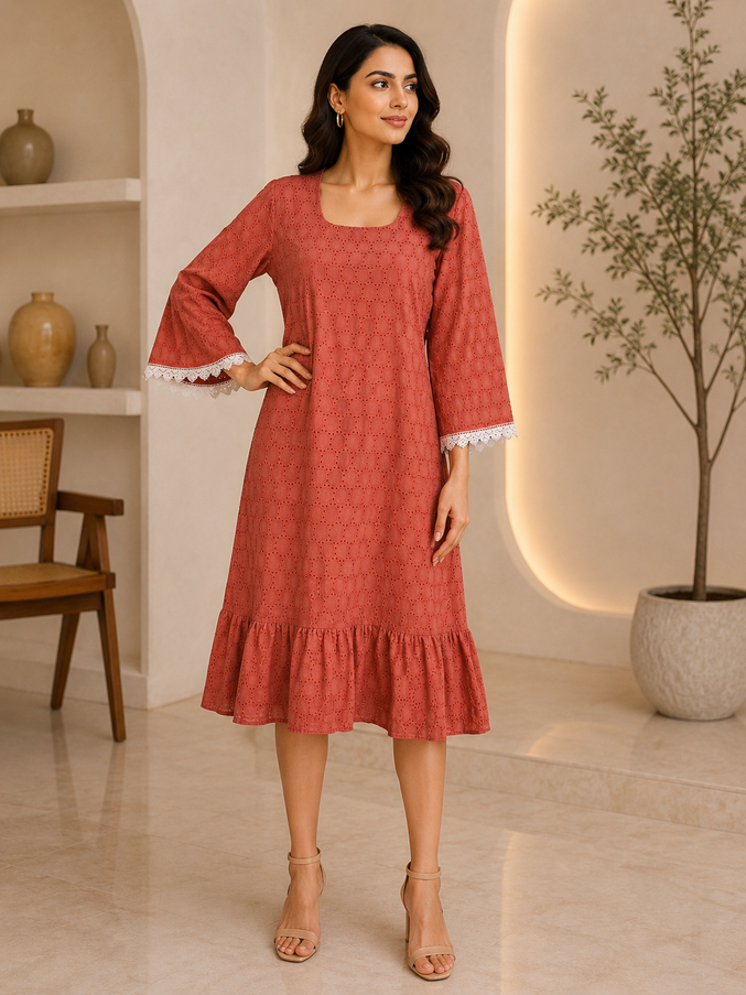 Rust Hakoba One Piece Dress with lace Work For Women
