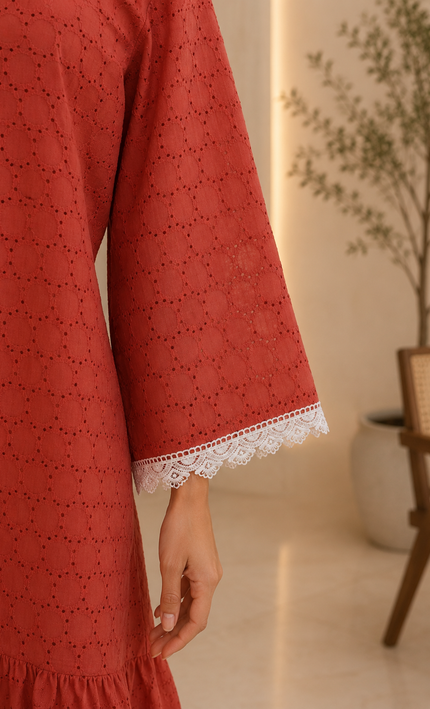 Rust Hakoba One Piece Dress with lace Work For Women