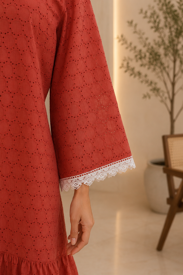 Rust Hakoba One Piece Dress with lace Work For Women