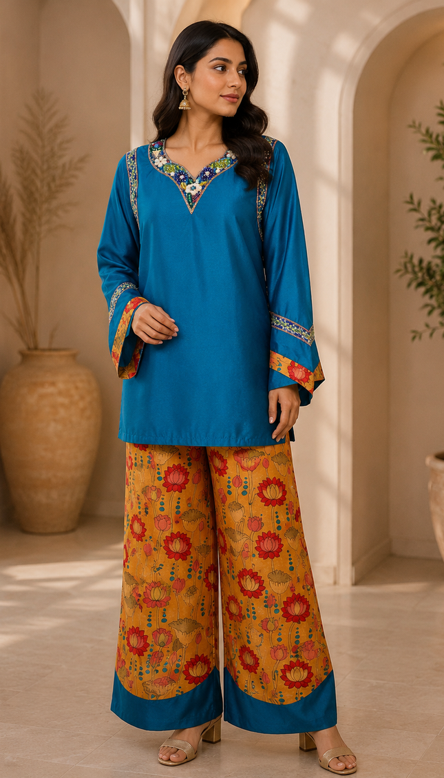 Bright Blue Top embellished with Handwork And Paired With Contrast Pant Set For Women