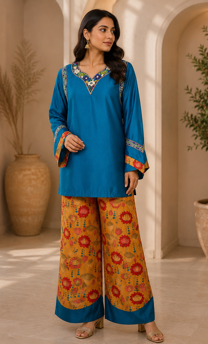 Bright Blue Top embellished with Handwork And Paired With Contrast Pant Set For Women