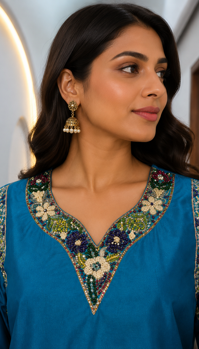 Bright Blue Top embellished with Handwork And Paired With Contrast Pant Set For Women