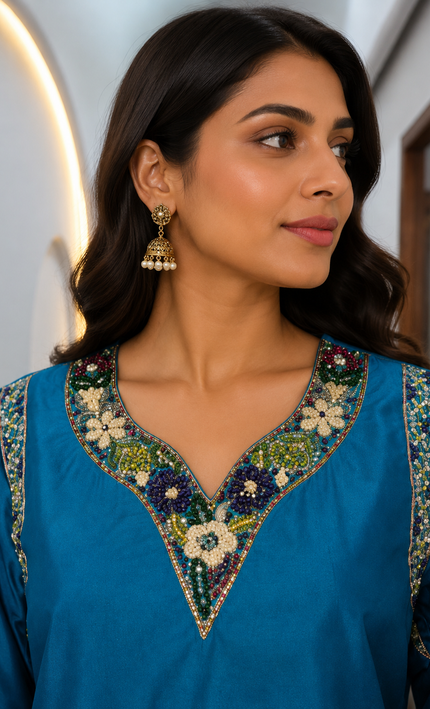 Bright Blue Top embellished with Handwork And Paired With Contrast Pant Set For Women