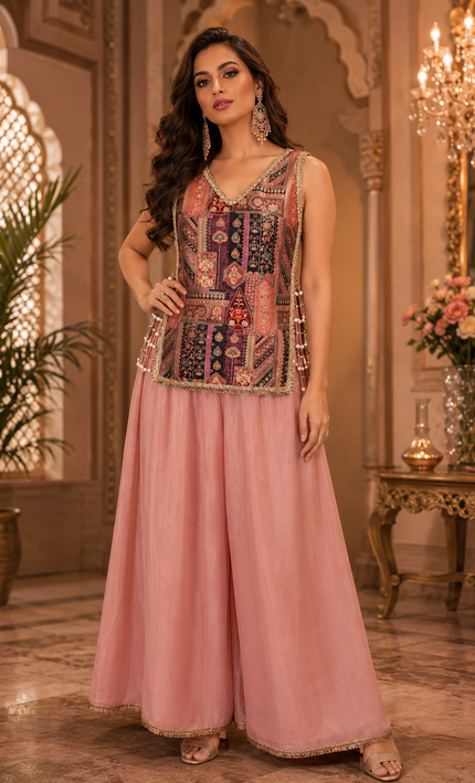 Jacquard 2 Piece Handwork Indo-Western Palazzo Set For Women