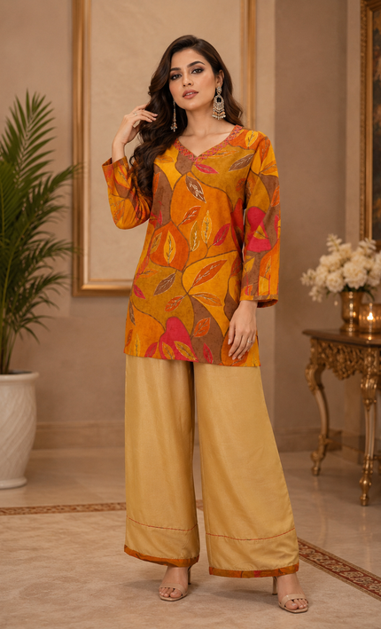 Mustard Floral Print With Handwork Paired With Loose Fit Semi Palazzo 2 Piece Set For Women