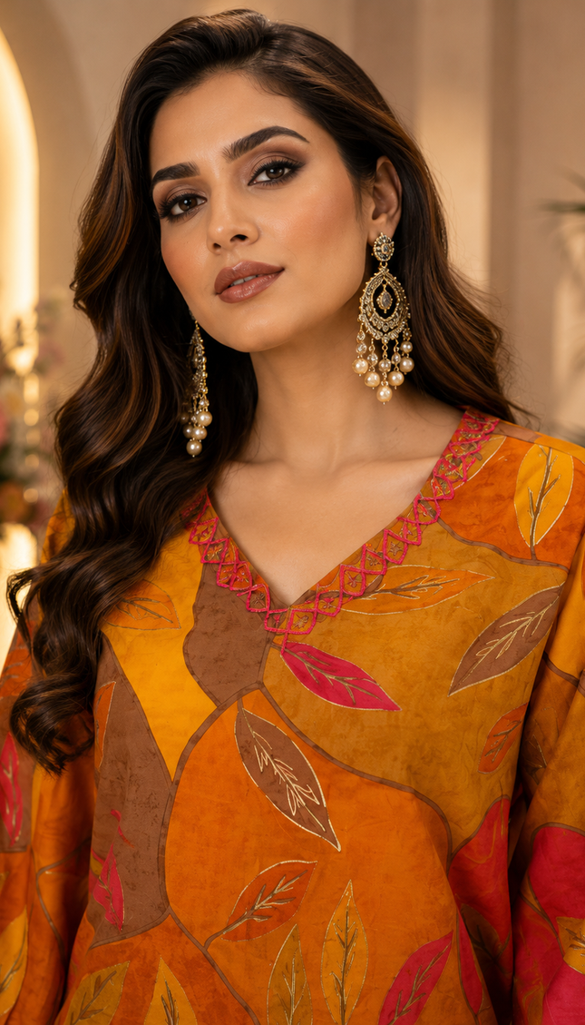 Mustard Floral Print With Handwork Paired With Loose Fit Semi Palazzo 2 Piece Set For Women