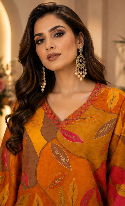 Mustard Floral Print With Handwork Paired With Loose Fit Semi Palazzo 2 Piece Set For Women