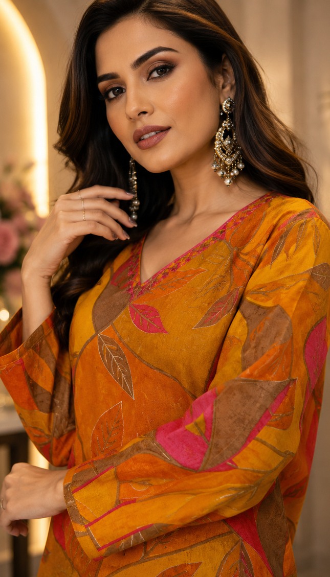 Mustard Floral Print With Handwork Paired With Loose Fit Semi Palazzo 2 Piece Set For Women
