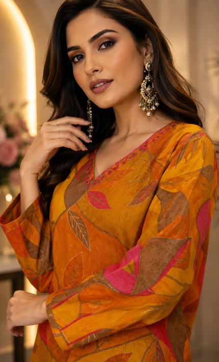 Mustard Floral Print With Handwork Paired With Loose Fit Semi Palazzo 2 Piece Set For Women