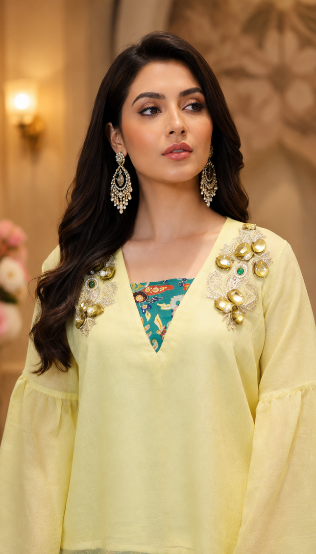 Stylish Indo-Western 2Piece Handwork with Box Pleat Flair Palazzo Set For Women