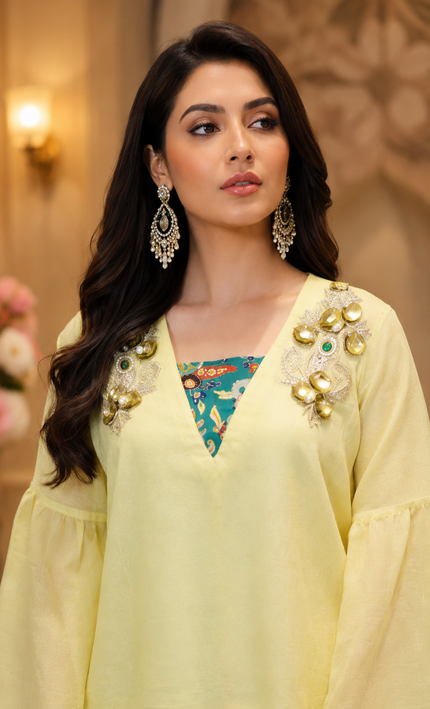 Stylish Indo-Western 2Piece Handwork with Box Pleat Flair Palazzo Set For Women