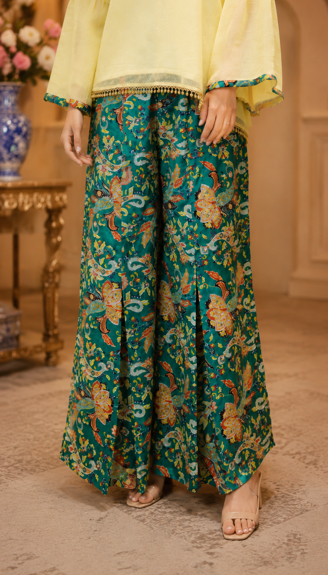 Stylish Indo-Western 2Piece Handwork with Box Pleat Flair Palazzo Set For Women