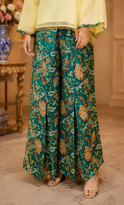 Stylish Indo-Western 2Piece Handwork with Box Pleat Flair Palazzo Set For Women