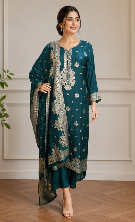 A teal embroidered suit crafted for effortless festive elegance.