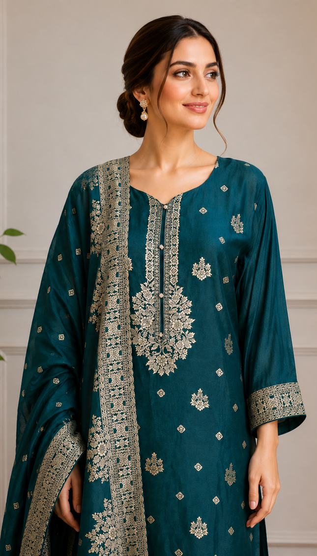 A teal embroidered suit crafted for effortless festive elegance.