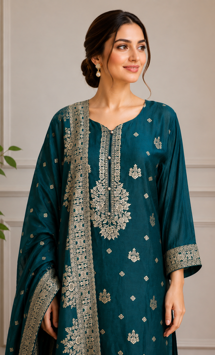 A teal embroidered suit crafted for effortless festive elegance.