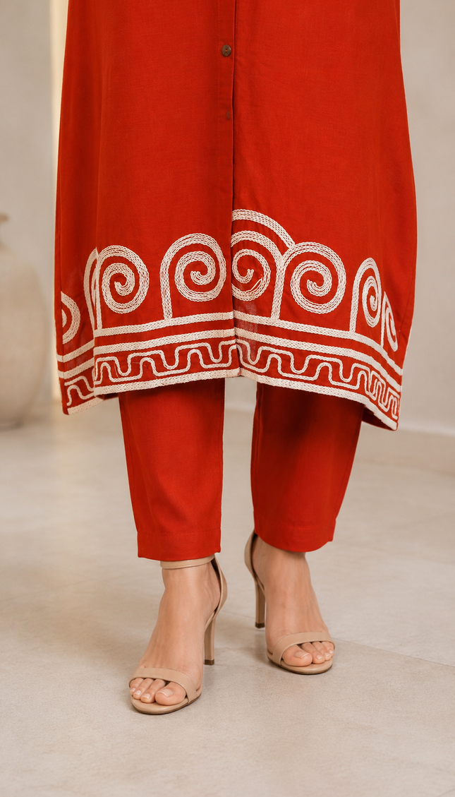 Rust Kurta Set with Geometrical Embroidery For Women