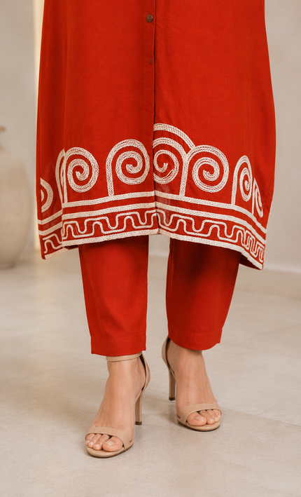 Rust Kurta Set with Geometrical Embroidery For Women