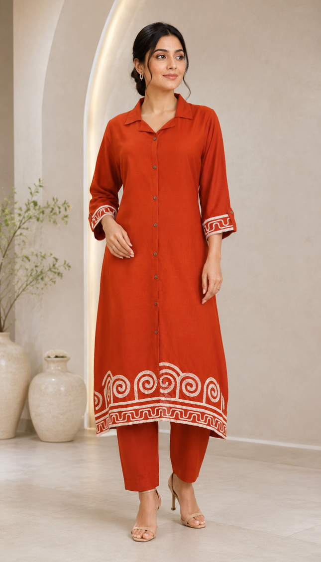 Rust Kurta Set with Geometrical Embroidery For Women