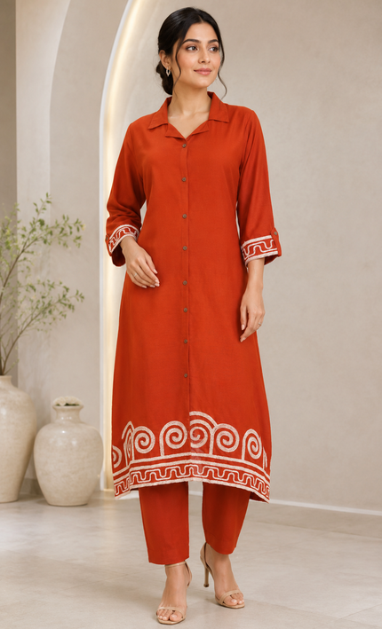 Rust Kurta Set with Geometrical Embroidery For Women