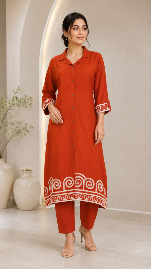 Rust Kurta Set with Geometrical Embroidery For Women