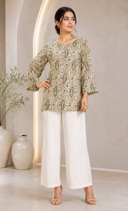 Bottle Green Mul Chanderi Pasely Print Short Top with Back String For Women