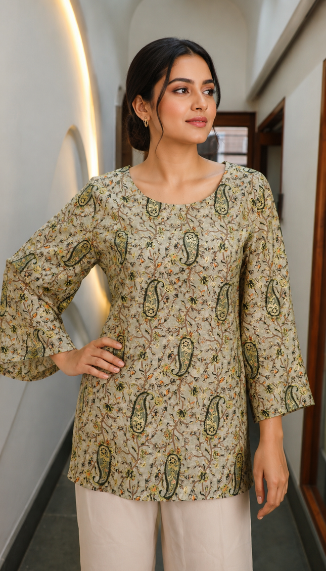 Bottle Green Mul Chanderi Pasely Print Short Top with Back String For Women
