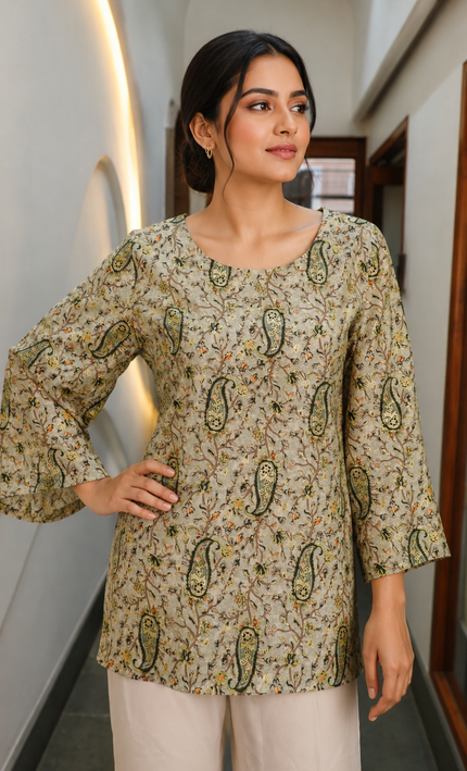Bottle Green Mul Chanderi Pasely Print Short Top with Back String For Women