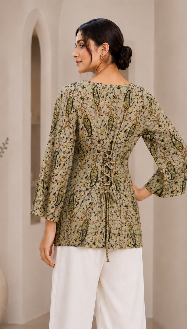 Bottle Green Mul Chanderi Pasely Print Short Top with Back String For Women