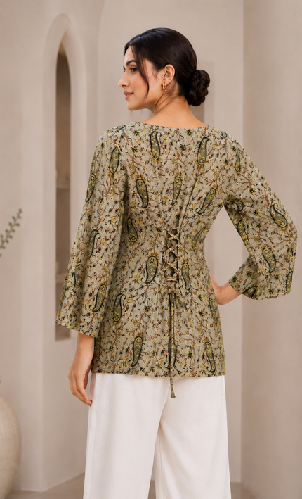 Bottle Green Mul Chanderi Pasely Print Short Top with Back String For Women