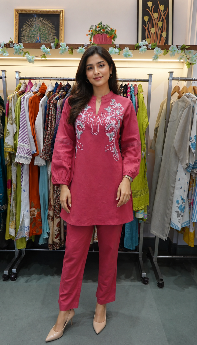 Embroidered Carrot Red Coord Set for Women