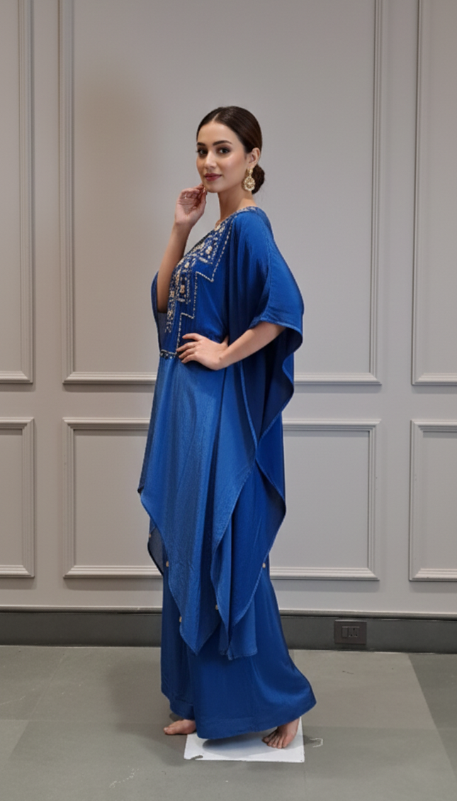 Royal Blue Embroidered Kaftan Co-ord Set with Palazzo Pants