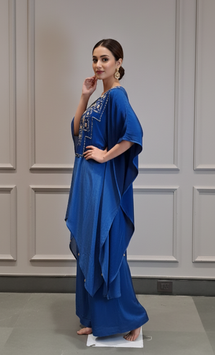 Royal Blue Embroidered Kaftan Co-ord Set with Palazzo Pants