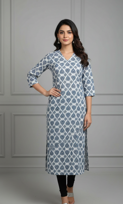 Indigo Grace V-Neck Cotton Kurti – Crisp, Calm & Beautifully You